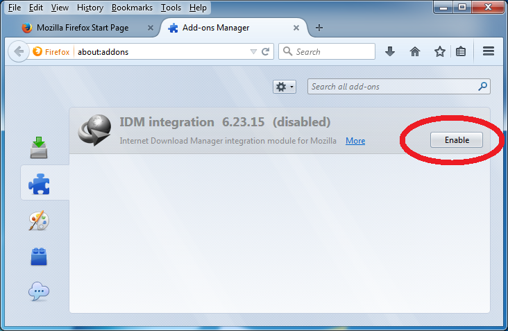 Enable 'IDM integration' FireFox add-ons