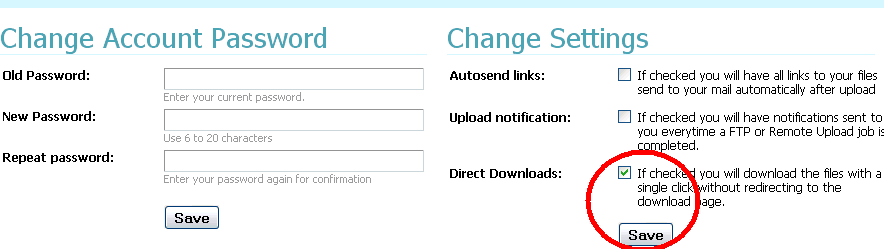 Enable 'Direct downloads' in FileServe account settings