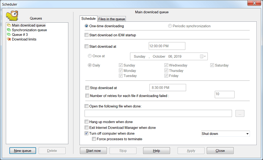 Internet Download Manager Scheduler dialog