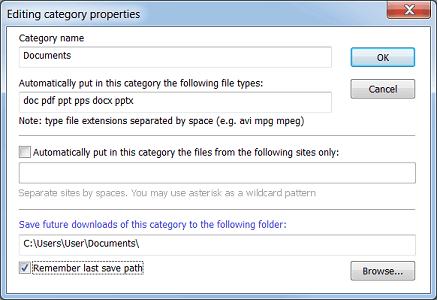 Edit categories properties dialog