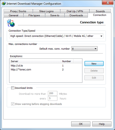 Internet Download Manager 'Options' dialog 'Connection' tab