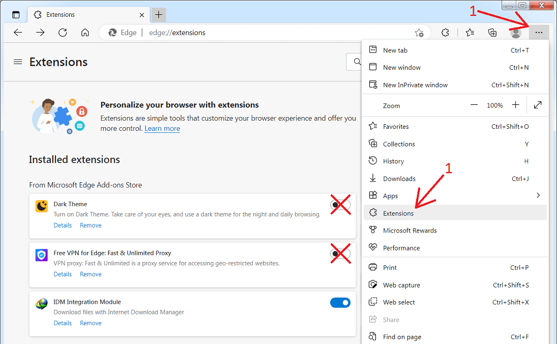 Disable all other extensions in Edge