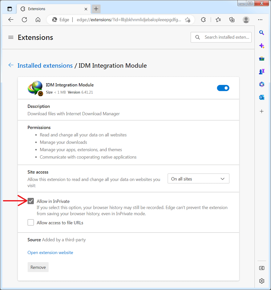 Allow InPrivate mode for Edge extension