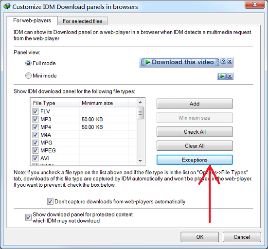 Open 'Download panel exceptions' dialog
