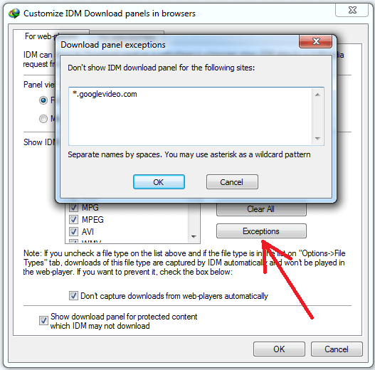 Delete site from exceptions for video download panel