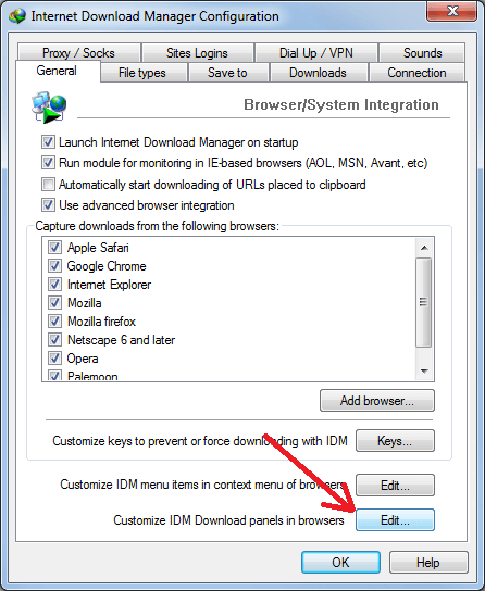 Open 'Customize IDM Download panels in browser' dialog