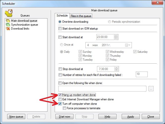 Configure IDM to hang up mode or turn of computer on download completion