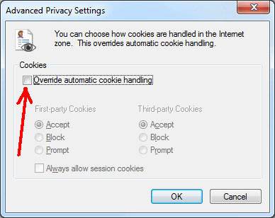 Disable 'Override automatic cookie handling' option in 'Advanced Privacy Settings'
