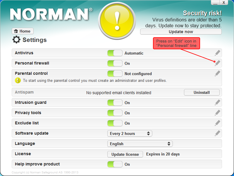 Norman Security Suite settings 2
