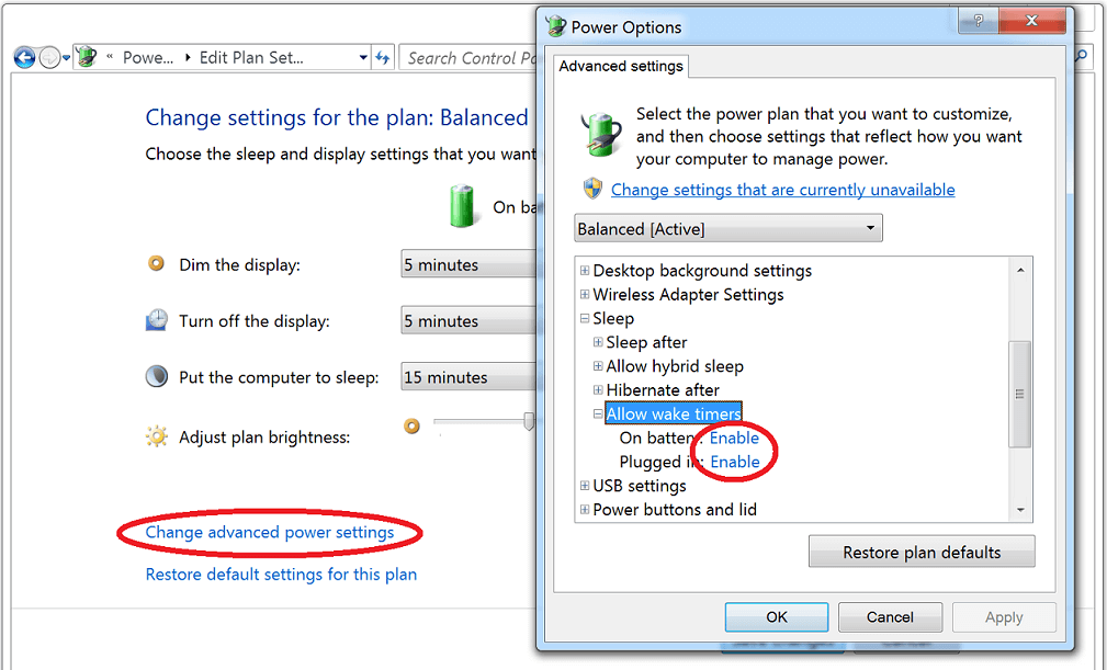 Change power settings to allow wake up timers