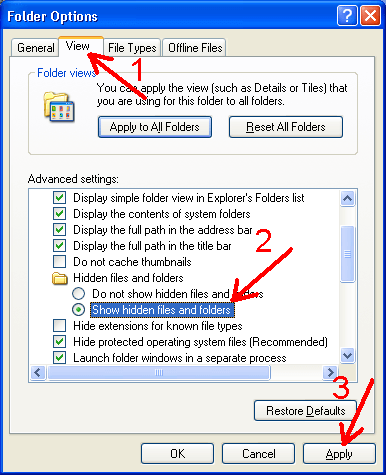 Enable 'Show hidden files and folders' option in Windows XP