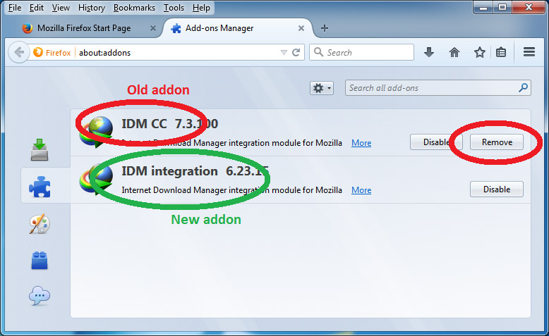 Old IDM add-on for FireFox must be removed