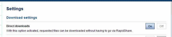 Enable 'Direct Downloads' option in Rapidshare premium account settings