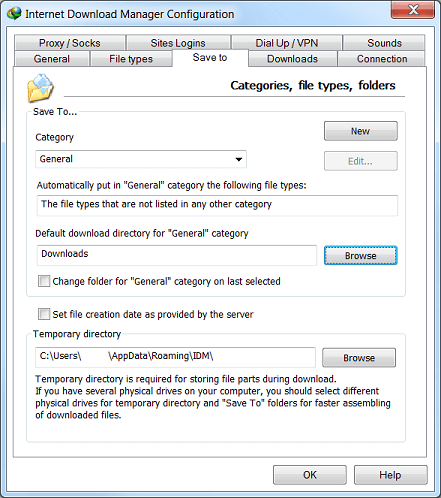 Internet Download Manager 'Options' dialog 'Save To' tab