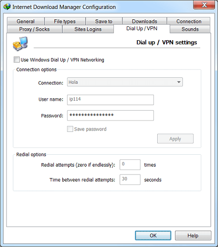 Internet Download Manager 的“选项”对话框“拨号/VPN”选项卡