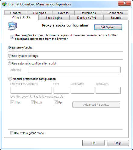 Internet Download Manager 'Options' dialog 'Proxy/Socks' tab